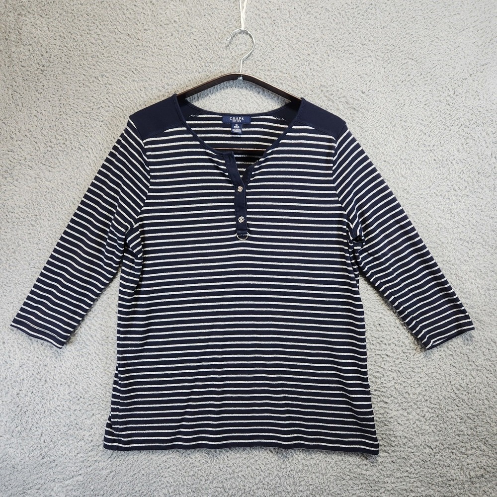 Chaps 3/4 Sleeve Top Womens 1X Striped Buttons Casual Chic Office Wear Metallic‎